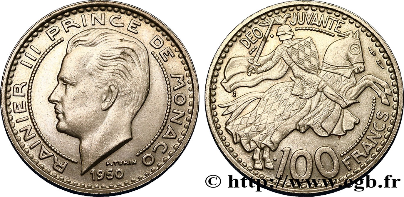 MONACO 100 Francs Rainier III / chevalier Grimaldi 1950 Paris VZ 
