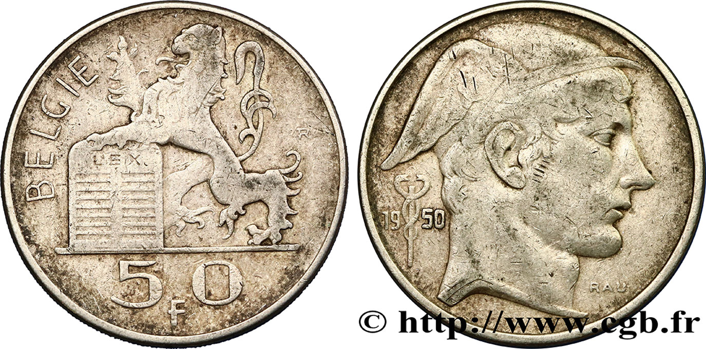 BELGIQUE 50 Francs lion posé sur les tables de la loi / Mercure légende flamande 1950  TTB 