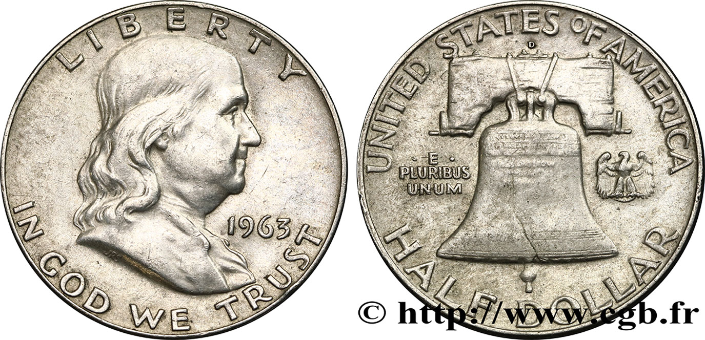 ESTADOS UNIDOS DE AMÉRICA 1/2 Dollar Benjamin Franklin 1963 Philadelphie MBC+ 
