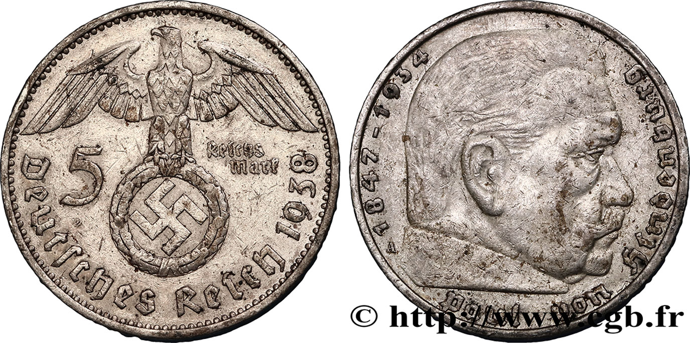 ALLEMAGNE 5 Reichsmark aigle surmontant une swastika / Maréchal Paul von Hindenburg 1938 Berlin TTB 
