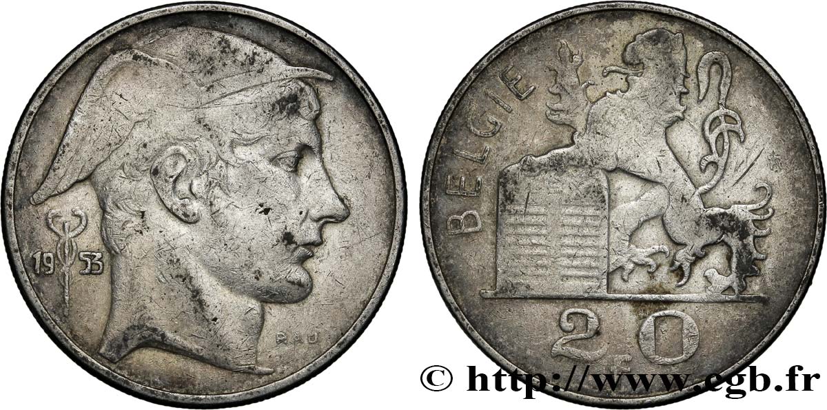 BELGIUM 20 Francs Mercure, légende flamande 1953  XF 