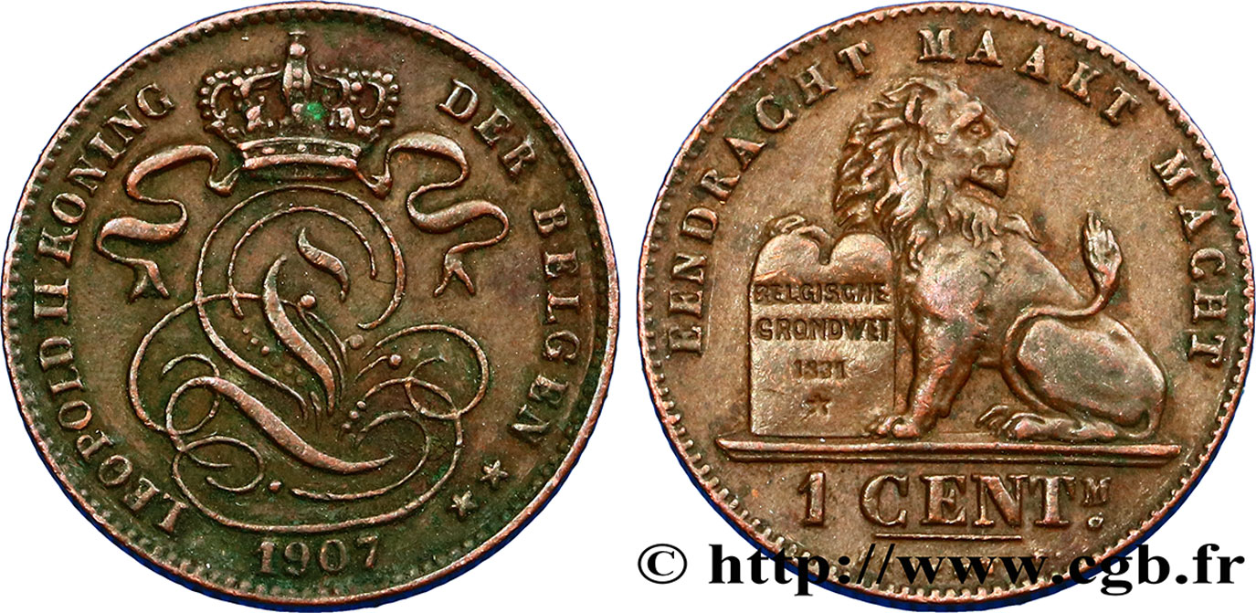 BÉLGICA 1 Centime lion monogramme de Léopold II légende en flamand 1907  MBC+ 