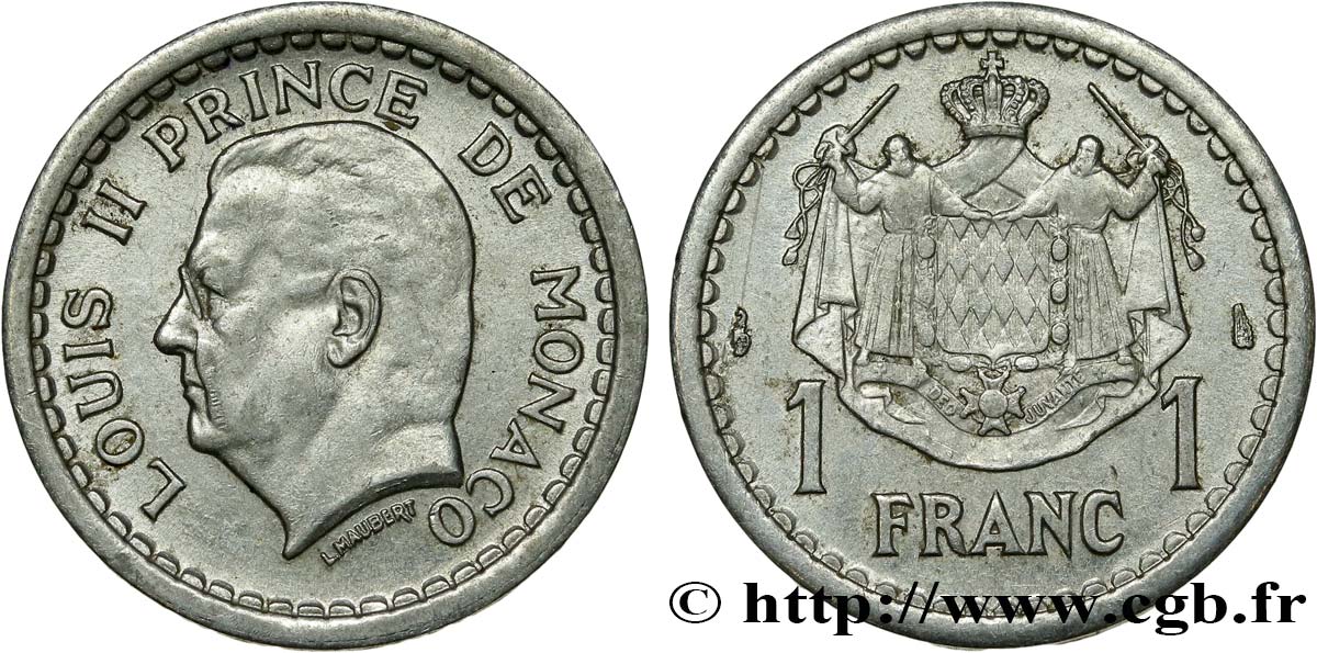 MONACO 1 Franc Louis II / armes 1943 Paris AU 