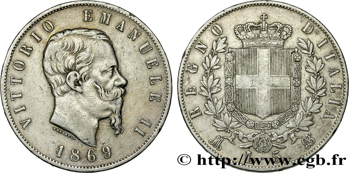 ITALIE 5 Lire Victor Emmanuel II 1869 Milan TTB 