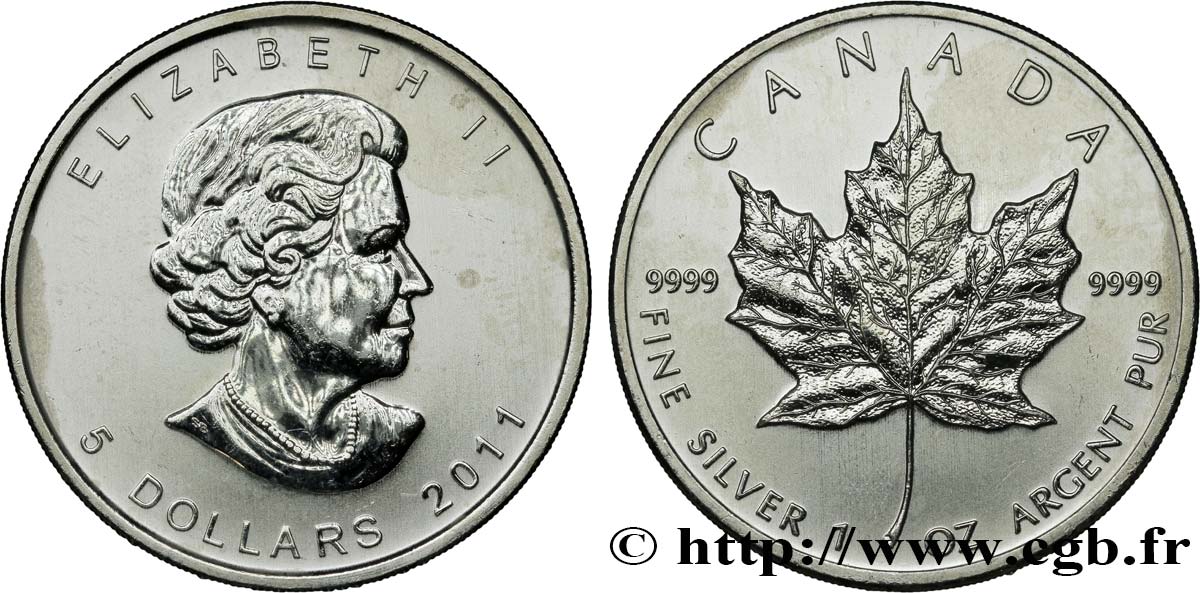 KANADA 5 Dollars (1 once) Proof feuille d’érable / Elisabeth II 2011  VZ 