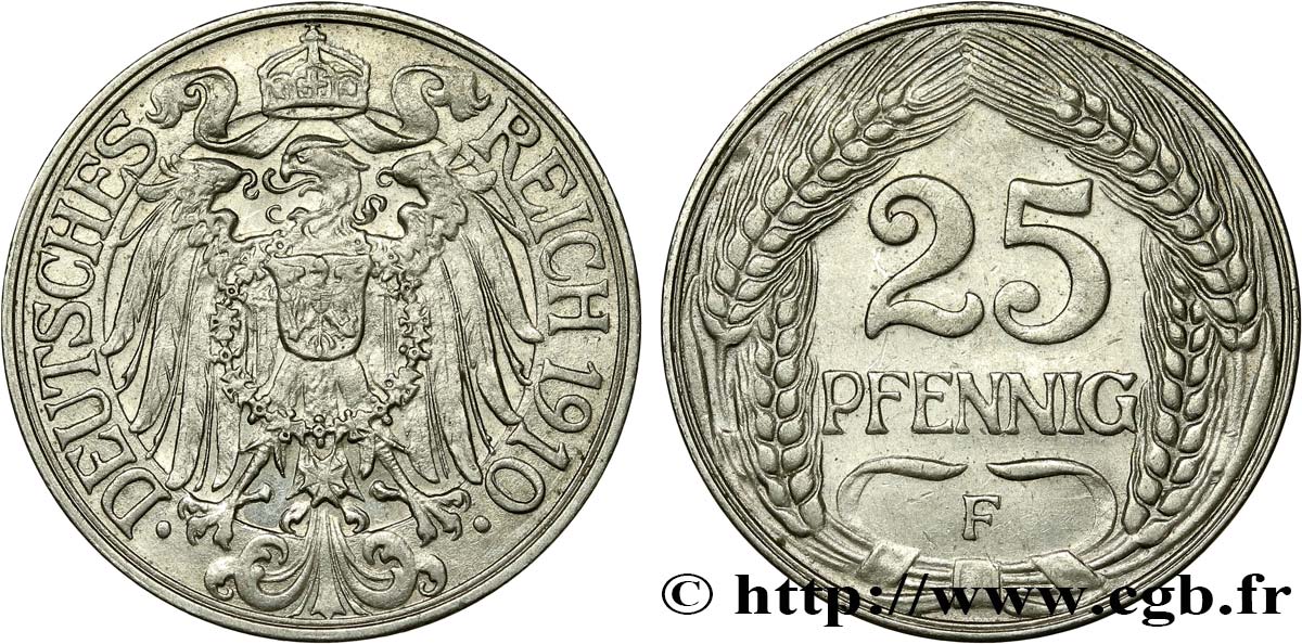 GERMANY 25 Pfennig Empire aigle impérial 1910 Stuttgart AU 