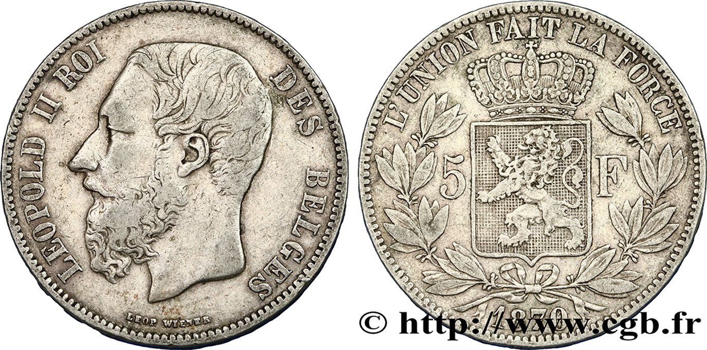 BELGIQUE 5 Francs Léopold II 1870  TB+ 