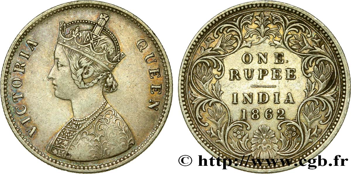 INDES BRITANNIQUES 1 Roupie Victoria 1862  TTB 