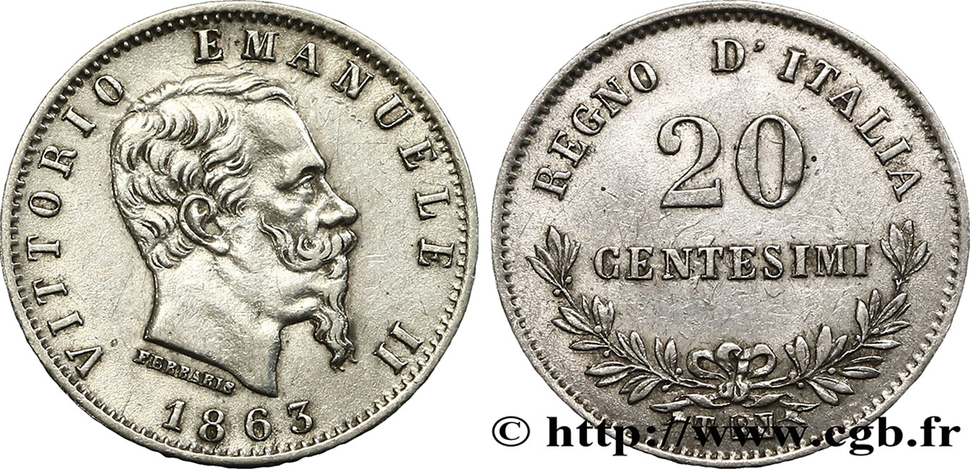 ITALY 20 Centesimi Victor Emmanuel II 1863 Turin AU 