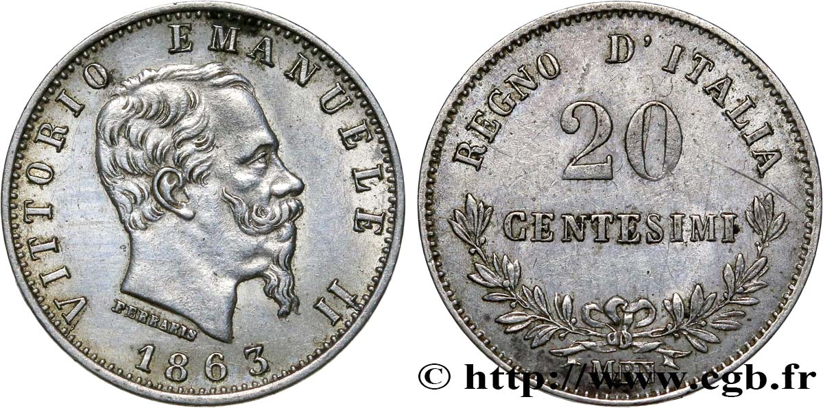 ITALIA 20 Centesimi Victor Emmanuel II 1863 Milan EBC 