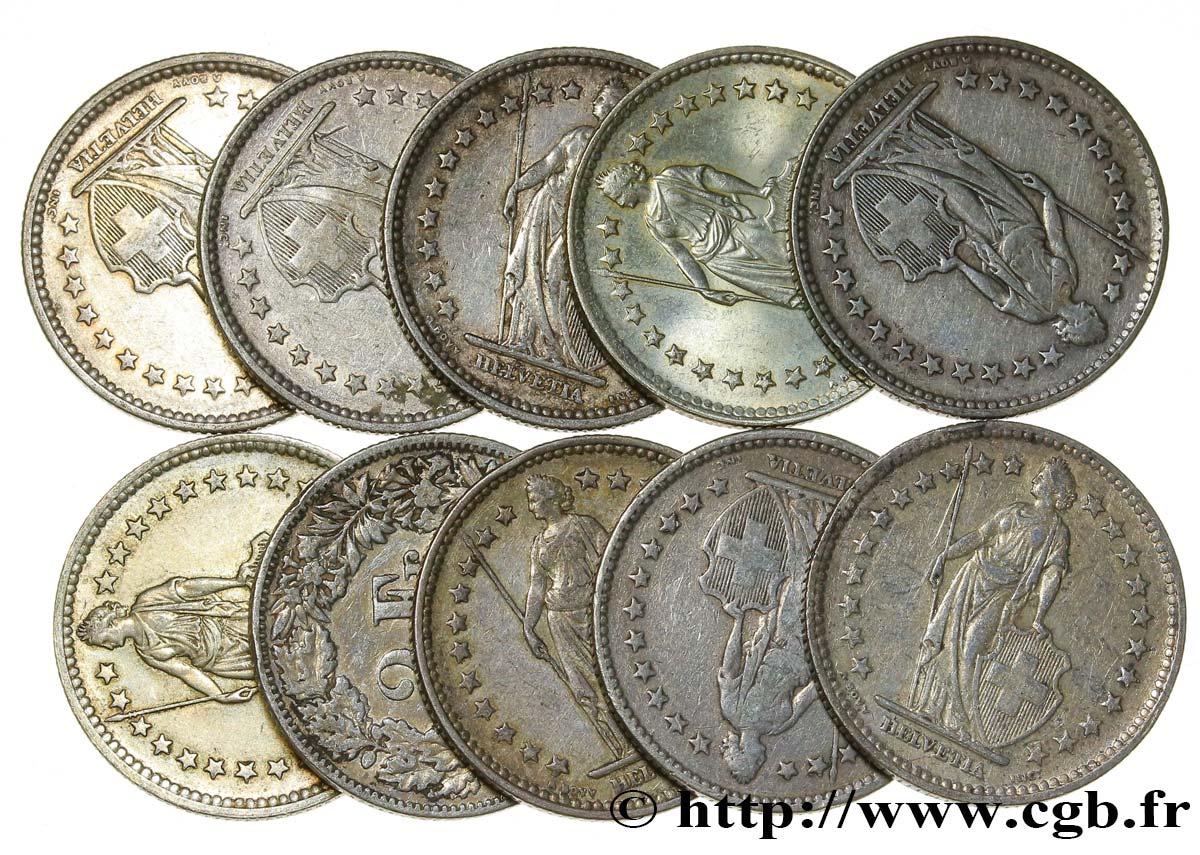 SWITZERLAND Lot de 10 pièces de 2 Francs Helvetia n.d. Berne VF 
