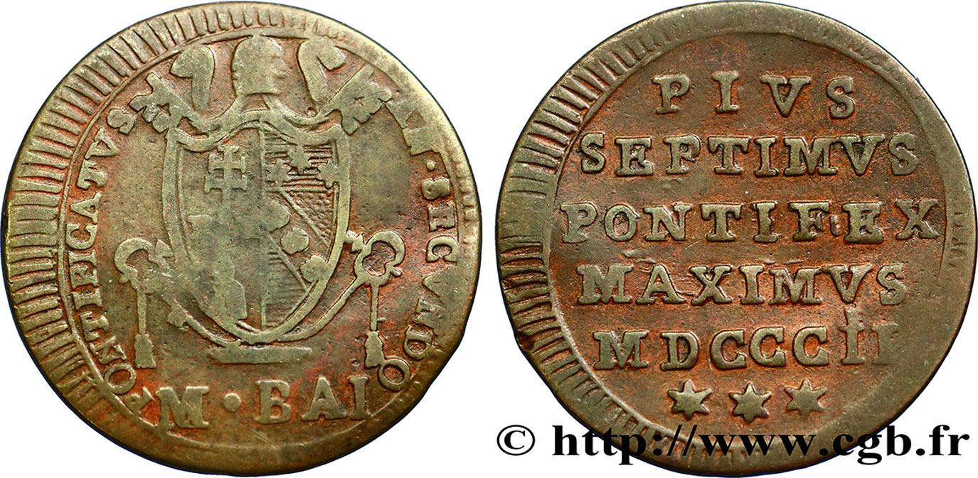 VATICAN AND PAPAL STATES 1/2 Baiocco au nom de Pie VII an II 1802 Rome  VF 