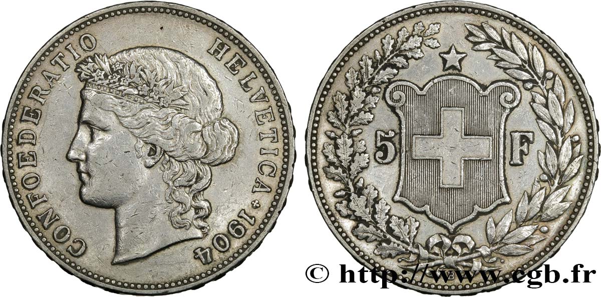 SWITZERLAND 5 Francs Helvetia 1904 Berne XF 