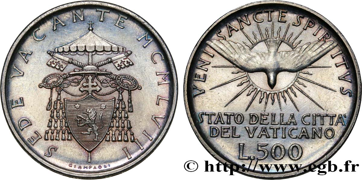 VATICAN AND PAPAL STATES 500 Lire Sede Vacante Colombe et armes du cardinal Benedetto Aloisi Masella 1958 Rome AU 