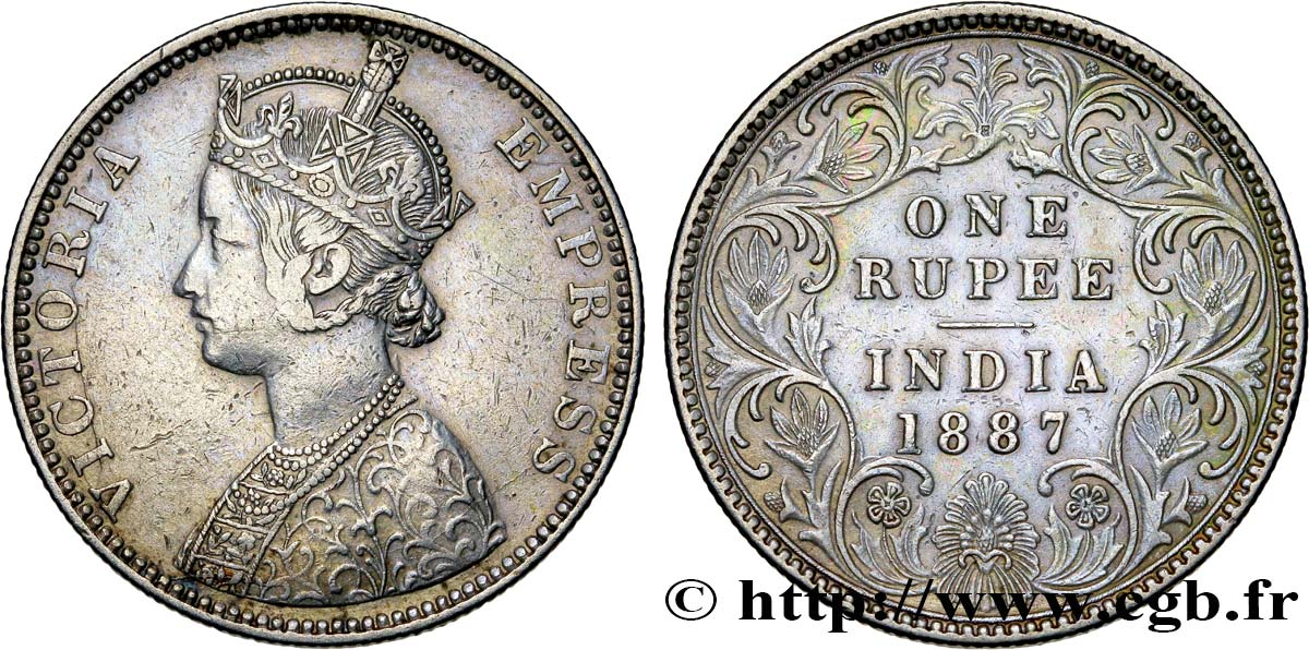 BRITISCH-INDIEN 1 Roupie Victoria 1887  Bombay fSS/SS 