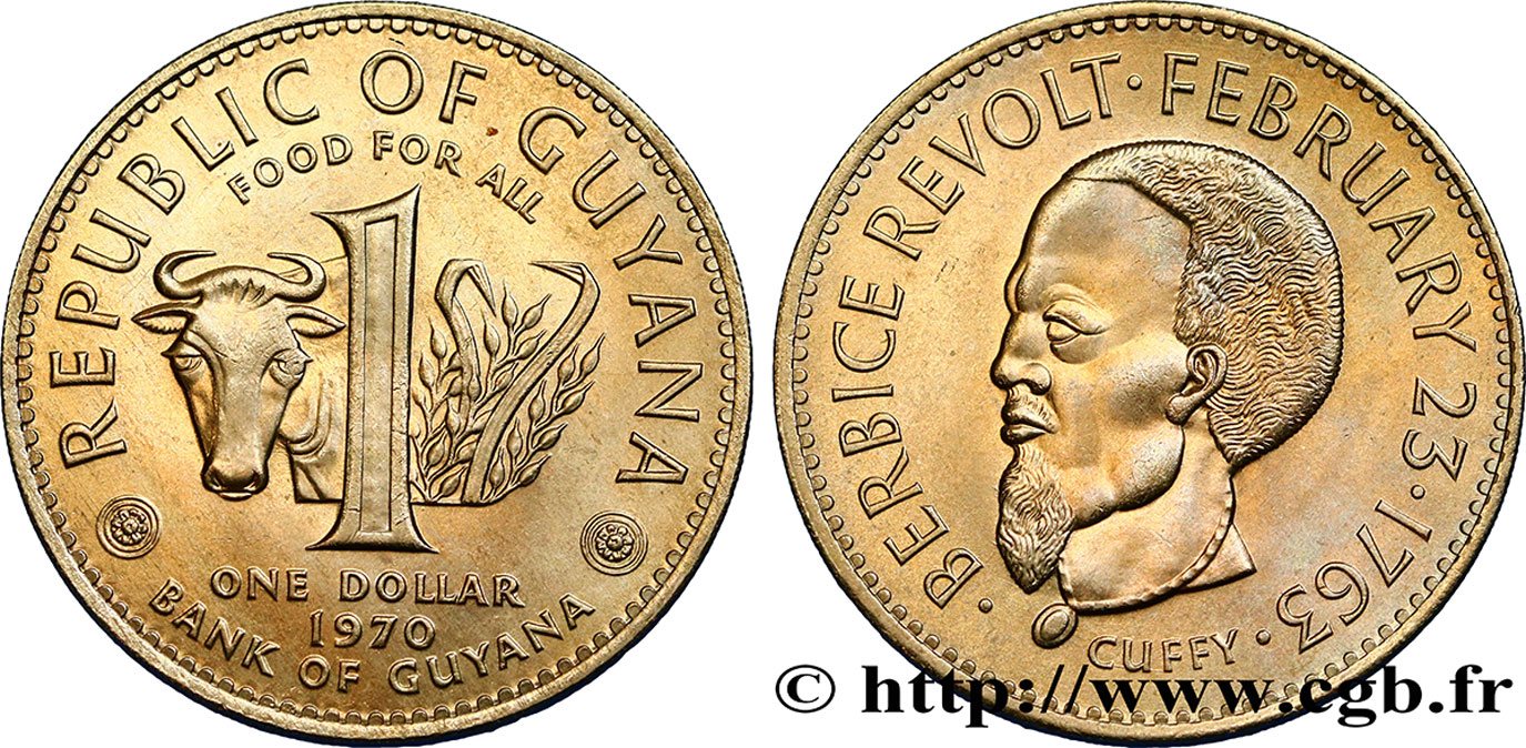 GUYANA 1 Dollar portrait de l’esclave Cuffy, chef de la révolte de Berbice en 1763 1970  SPL 
