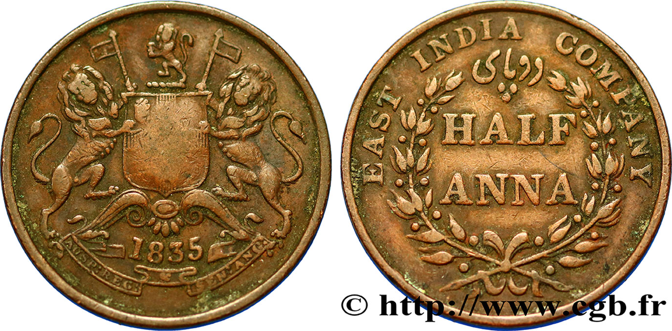 INDIA BRITANNICA 1/2 Anna East India Company 1835 Madras q.BB 