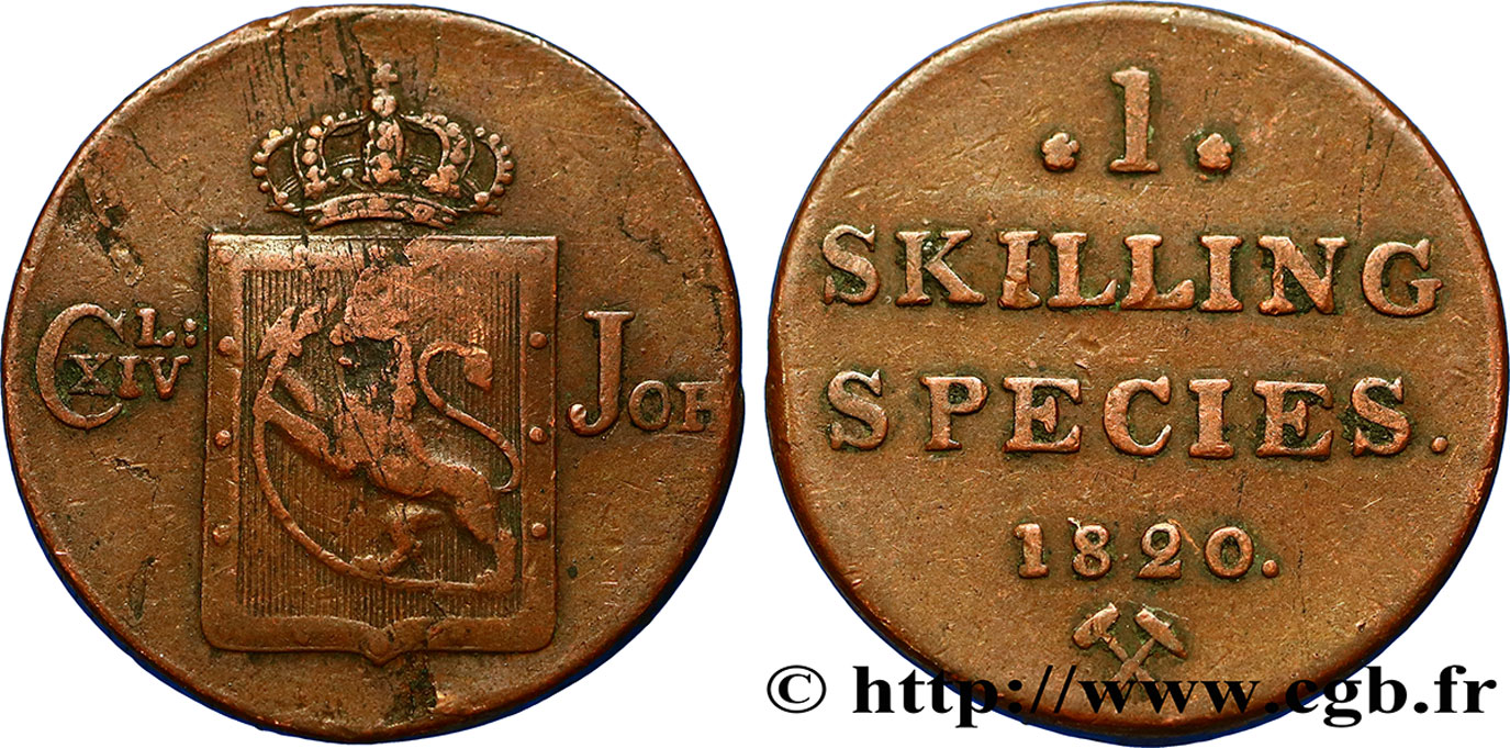 NORVÈGE 1 Skilling au nom de Charles XIV roi de Suède 1820 Kongsberg TB+ 