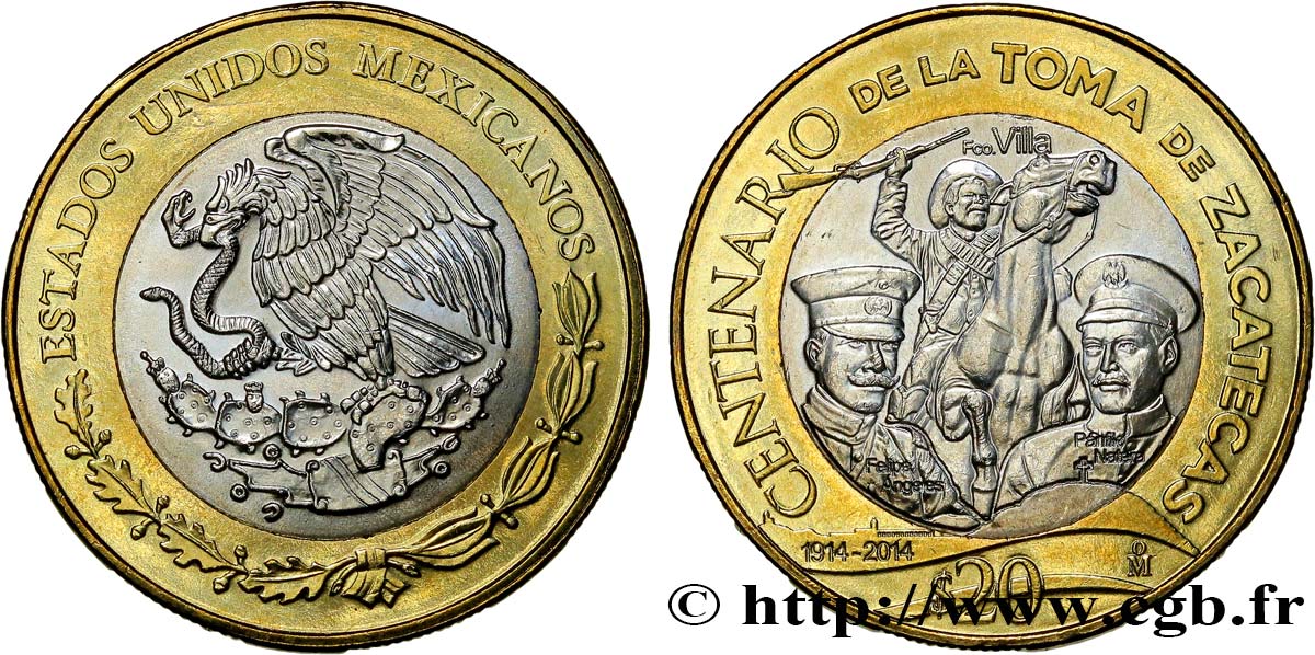 MESSICO 20 Pesos centenaire de la prise de Zacatecas 2014  MS 
