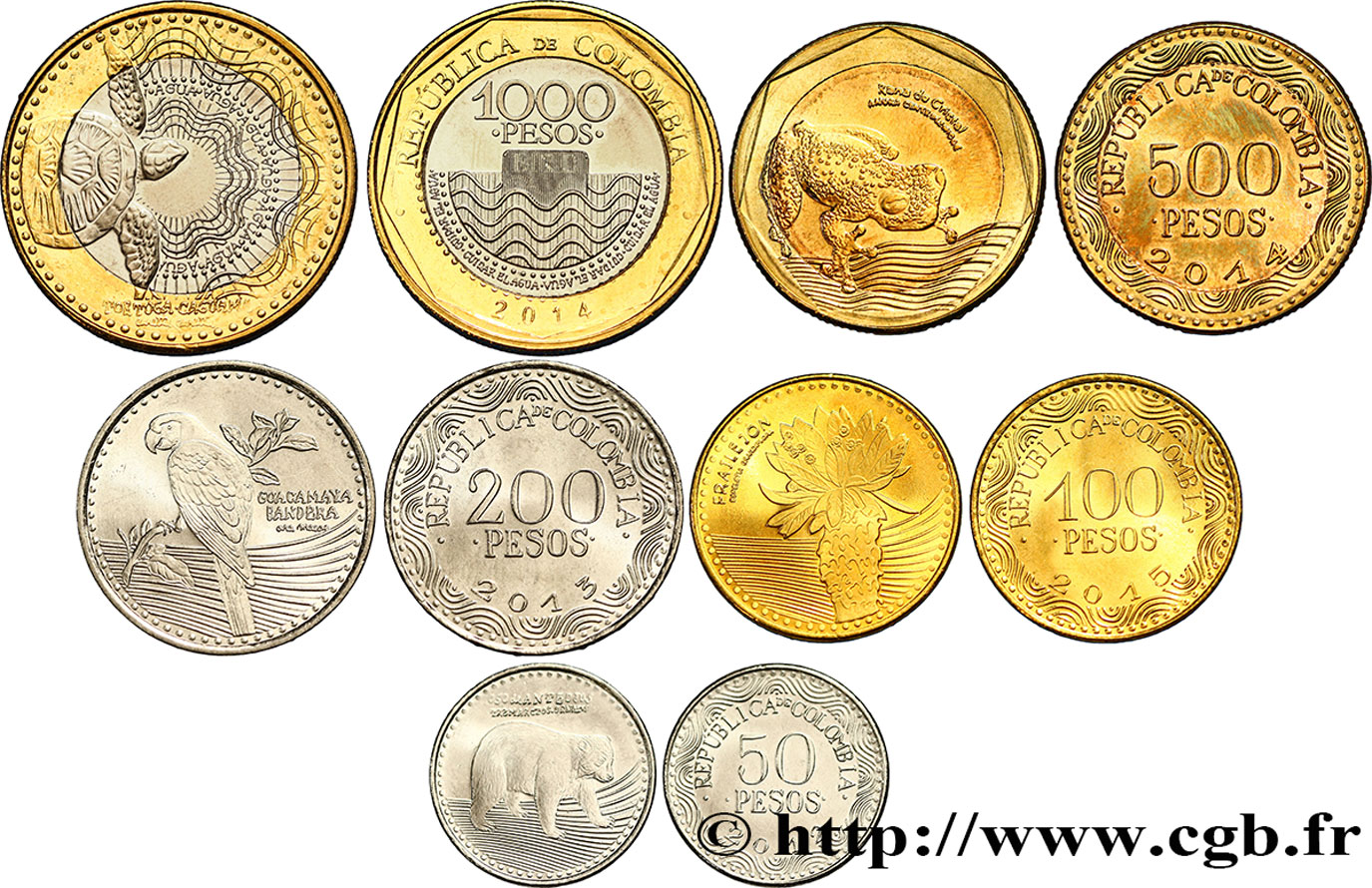 COLOMBIE Lot de 5 monnaies 50, 100, 200, 500 et 1000 Pesos 2012-2015  FDC 