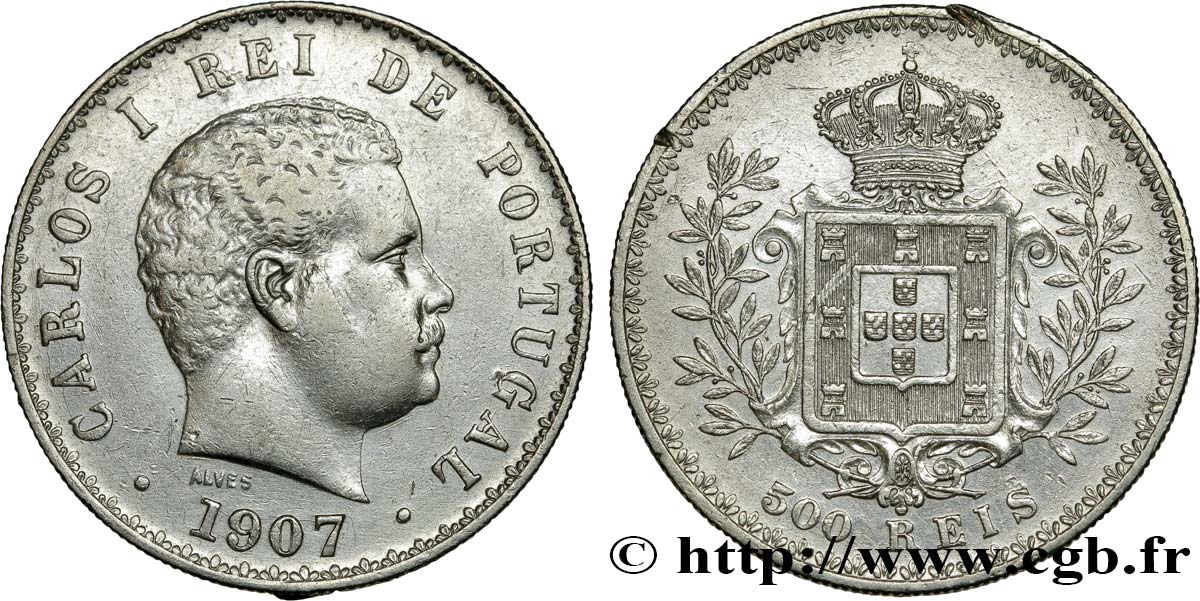 PORTUGAL 500 Reis Charles Ier 1907  XF 