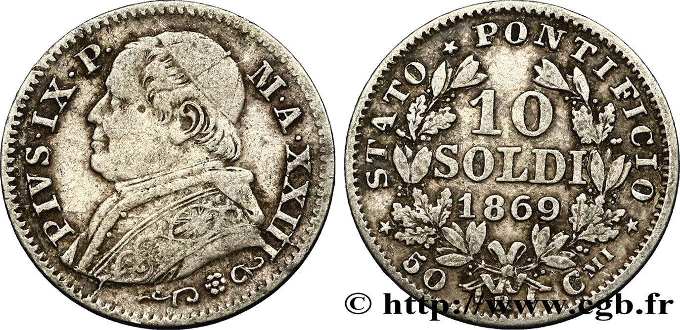 VATICANO E STATO PONTIFICIO 10 Soldi Pie IX an XXIII 1869 Rome MB 
