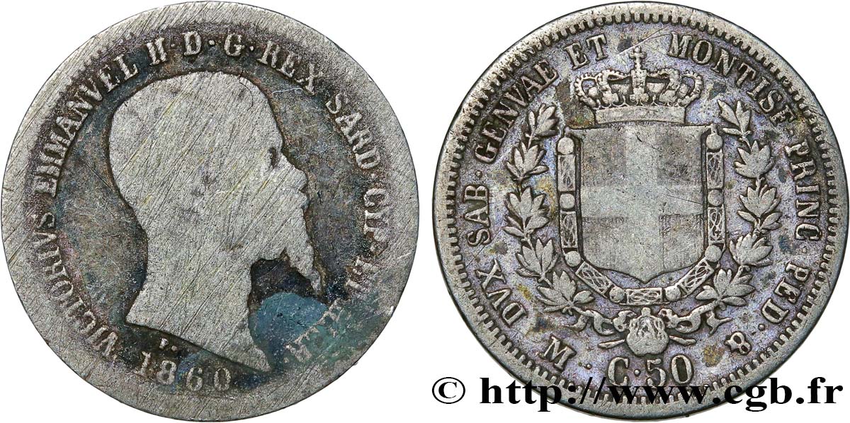 ITALY - KINGDOM OF SARDINIA 50 Centesimi Victor Emmanuel II 1860 Milan VG 