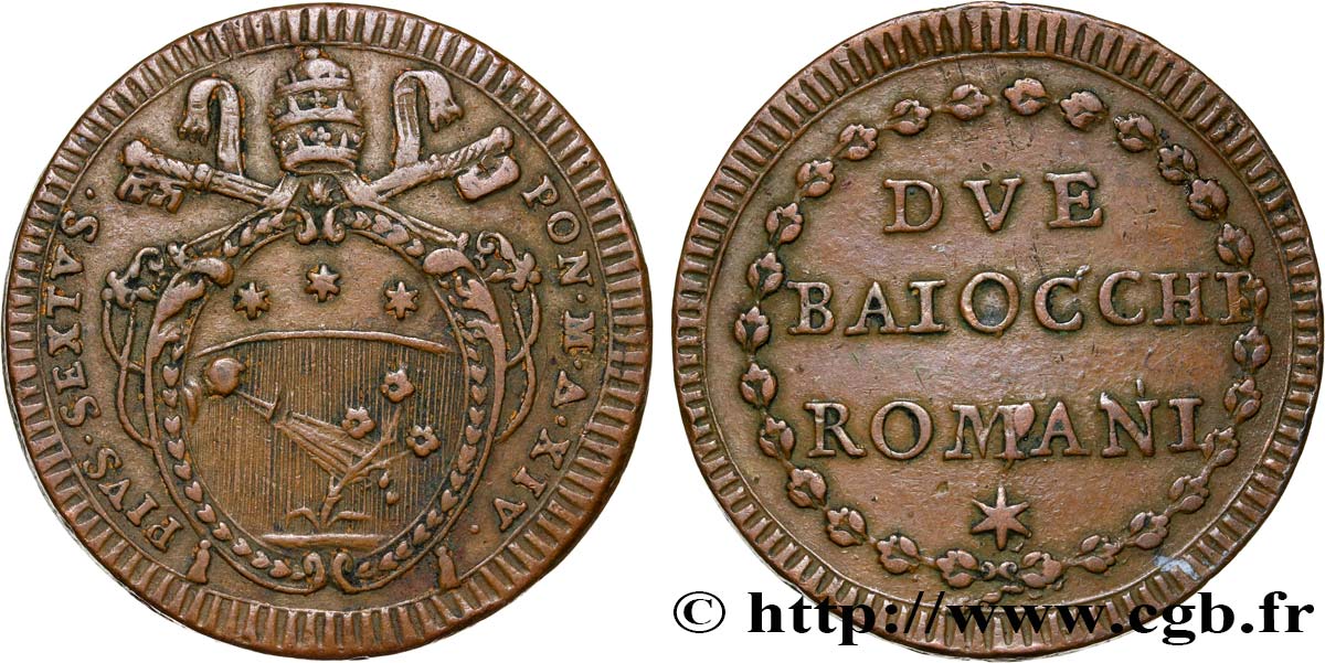 VATICANO E STATO PONTIFICIO 2 Baiocchi frappe au nom de Pie VI an XIV 1788 Rome BB 