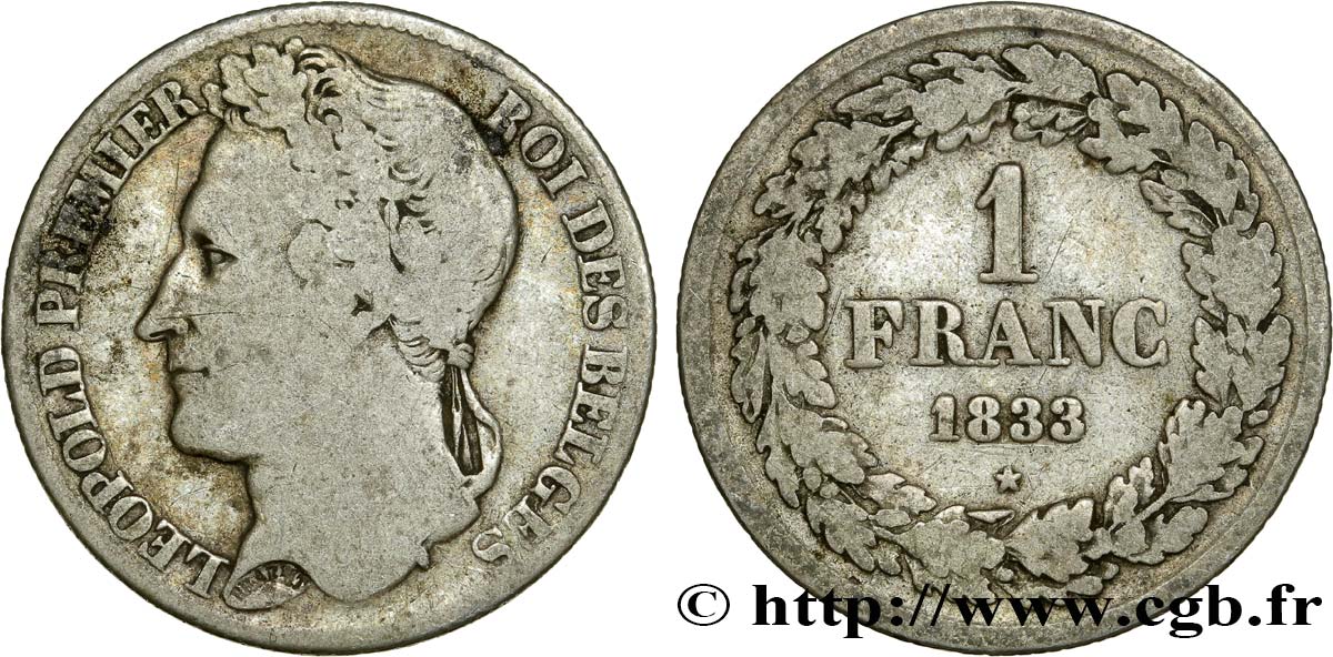 BELGIUM 1 Franc Léopold Ier tête laurée 1833 Bruxelles VF/VF 