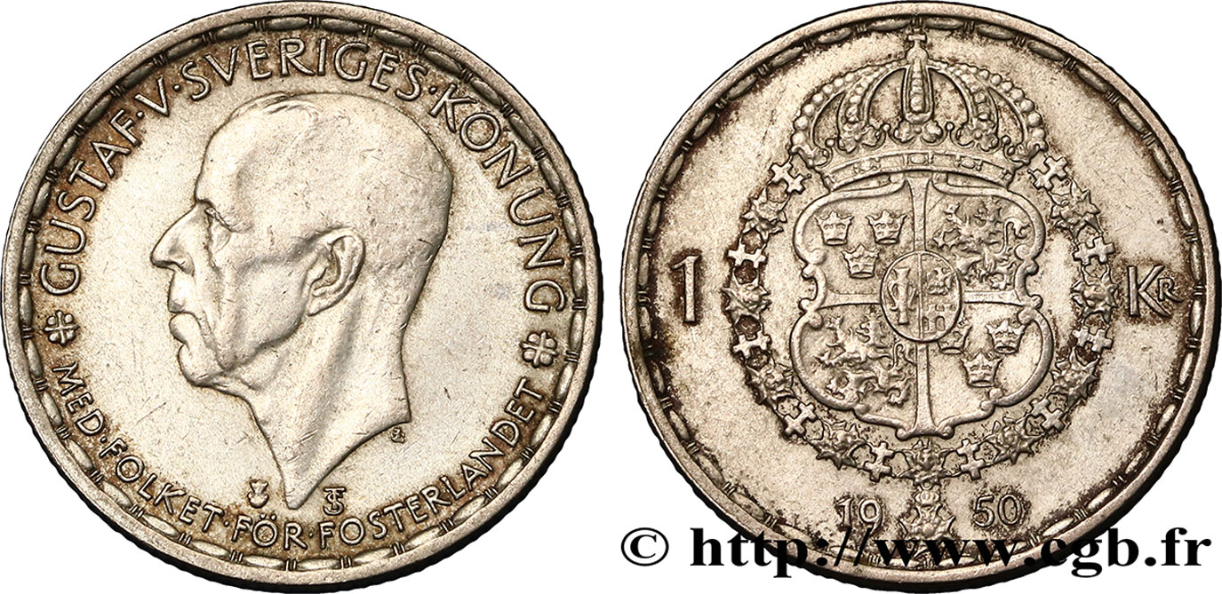 SWEDEN 1 Krona Gustave V 1950  XF 