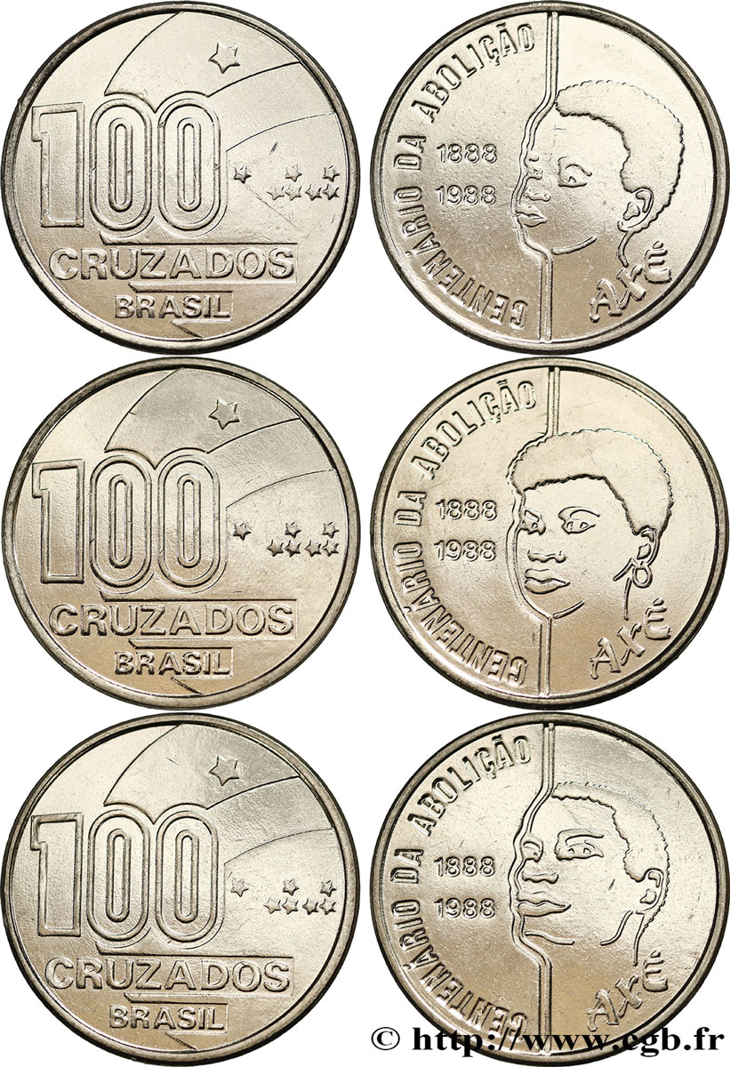 BRÉSIL Lot de trois monnaies de 100 Cruzados Centenaire de l’Abolition de l’Esclavage 1988  SPL 