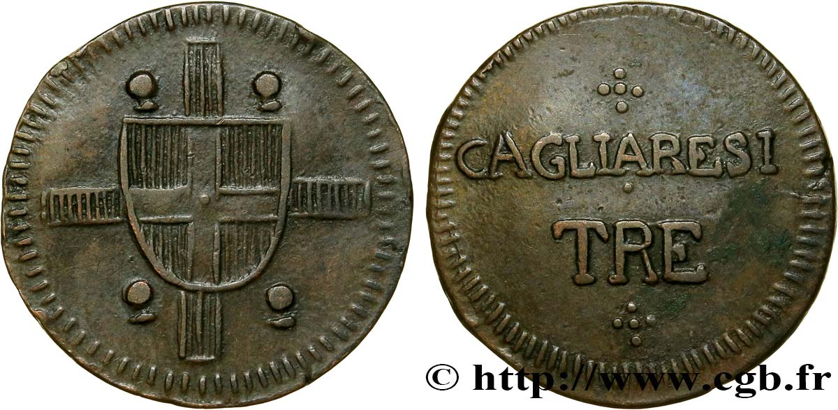 ITALY - KINGDOM OF SARDINIA 3 Cagliaresi monnayage pour la Sardaigne N.D. Cagliari AU 
