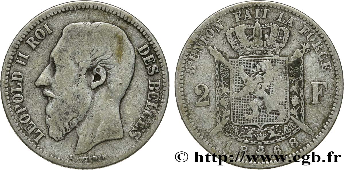 BELGIEN 2 Francs Léopold II légende française 1868  S 