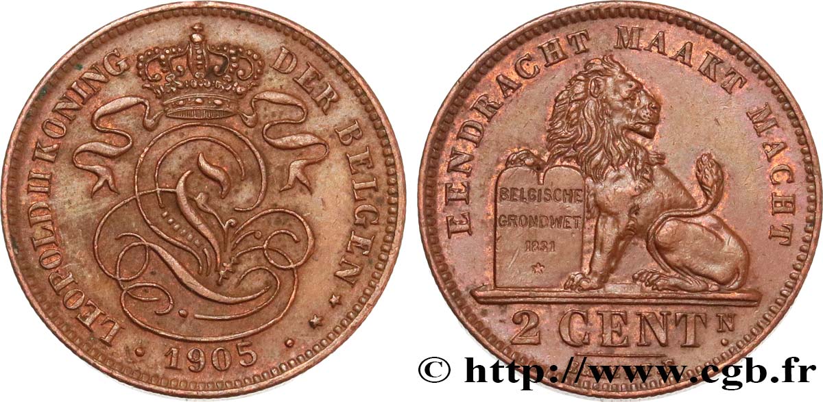 BELGIQUE 2 Centiemen (Centimes) lion monogramme de Léopold II légende flamande 1905  SPL 