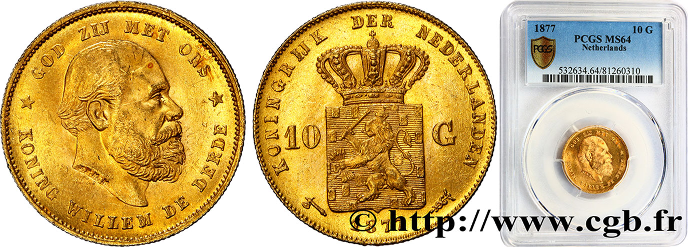 NIEDERLANDE 10 Gulden Guillaume III, 2e type 1877 Utrecht fST64 PCGS