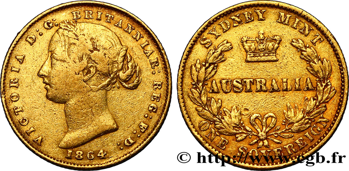 AUSTRALIA 1 Souverain Victoria 1864 Sydney VF 