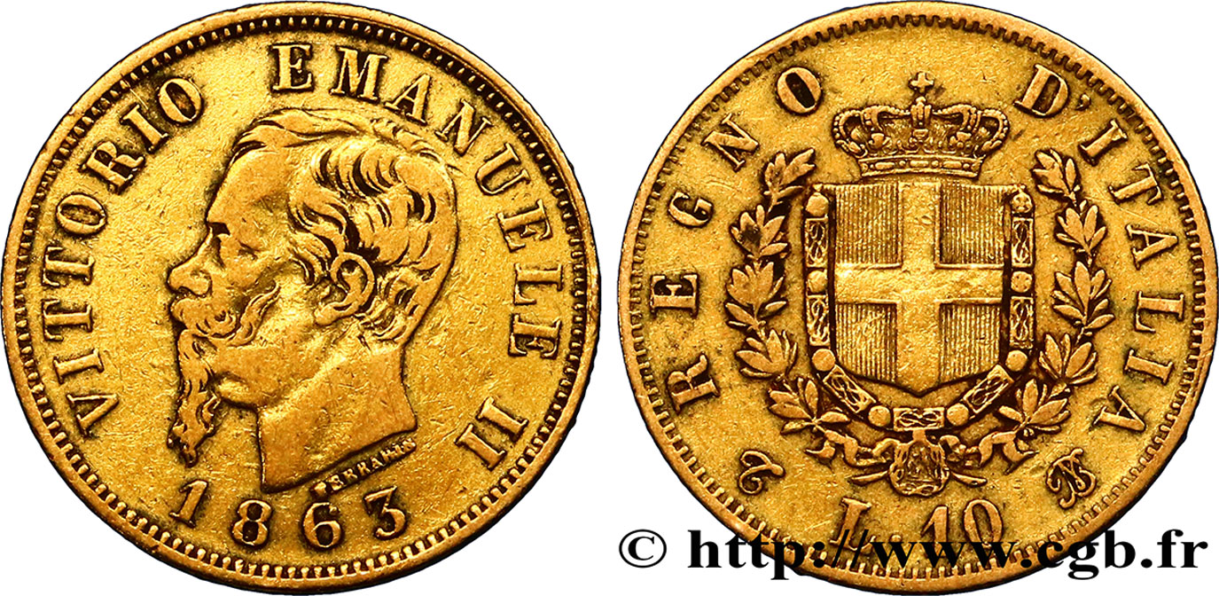 ITALY 10 Lire Victor Emmanuel II 1863 Turin VF 