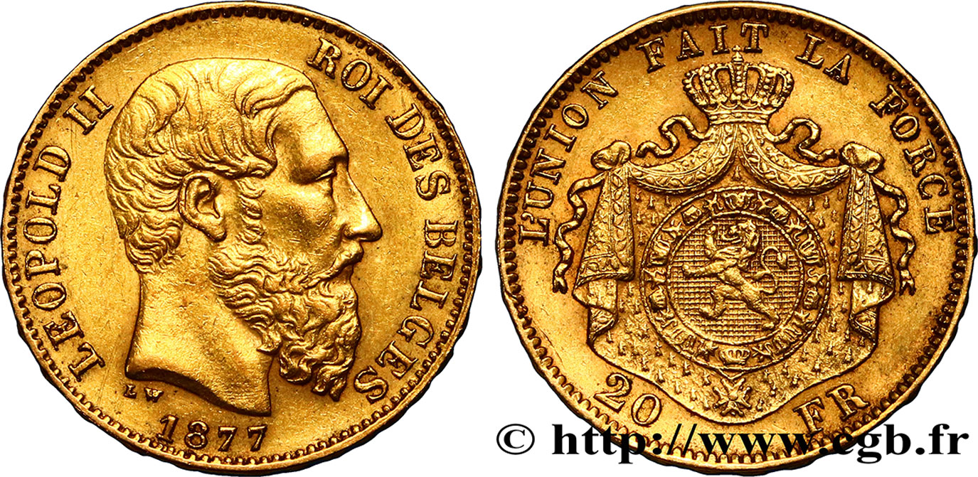 BÉLGICA 20 Francs Léopold II 1877 Bruxelles MBC+ 