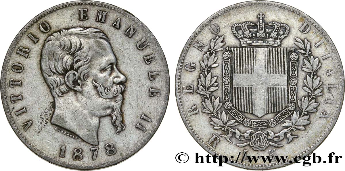 ITALIA 5 Lire Victor Emmanuel II 1878 Rome BC+ 