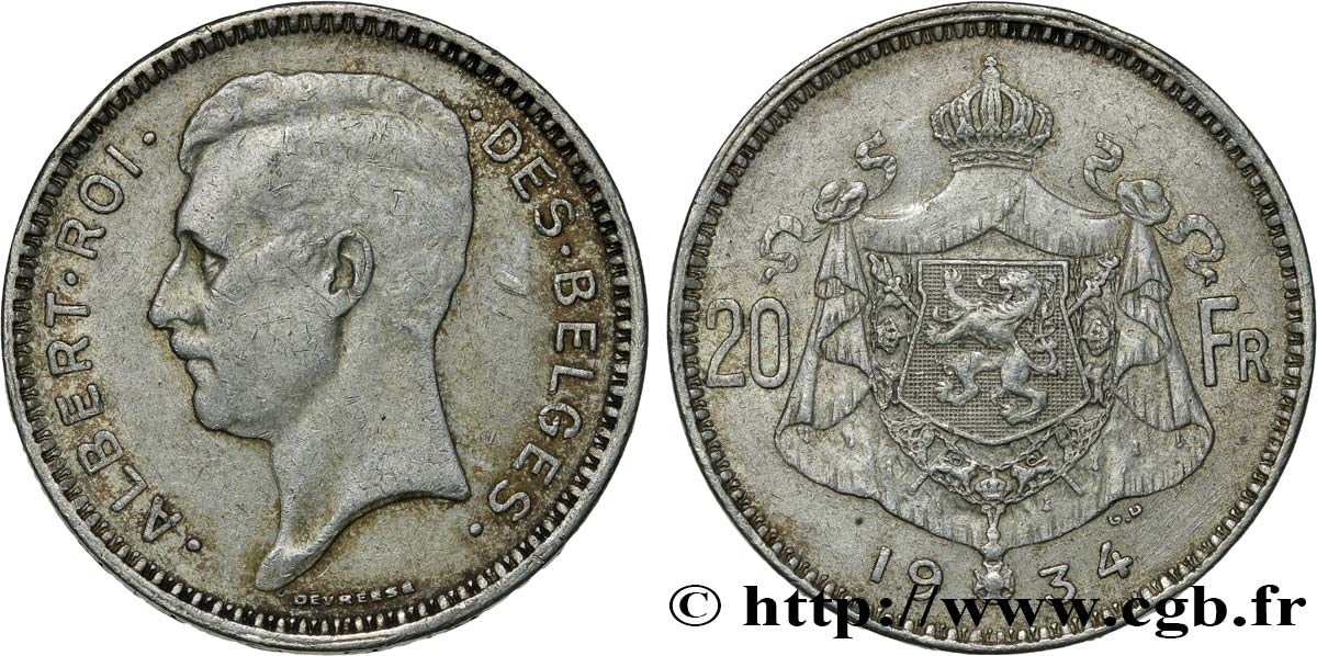BELGIO 20 Francs Albert Ier légende Flamande position A 1934  BB 