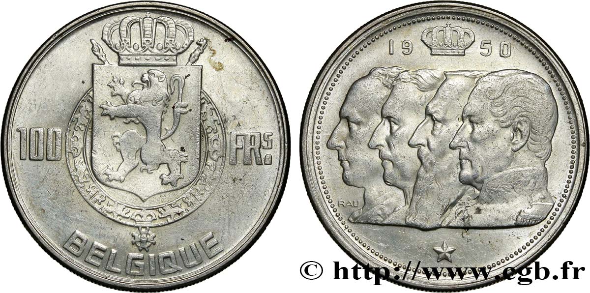 BELGIQUE 100 Francs armes au lion / portraits des quatre rois de Belgique, légende française 1950  TTB+ 