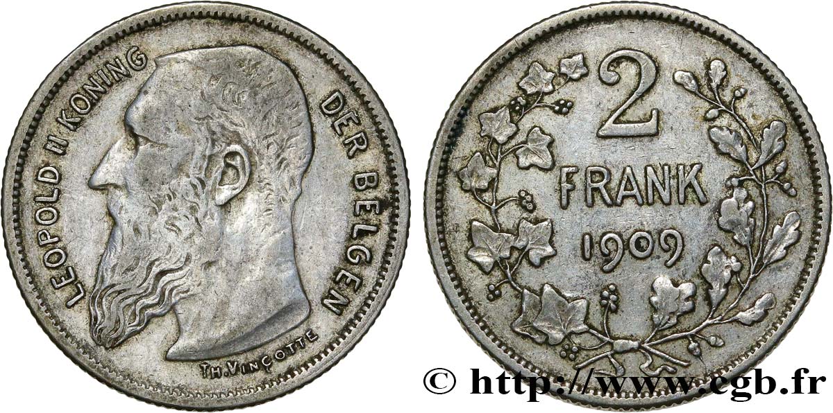 BELGIUM 2 Francs (Frank) Léopold II légende flamande 1909  VF 