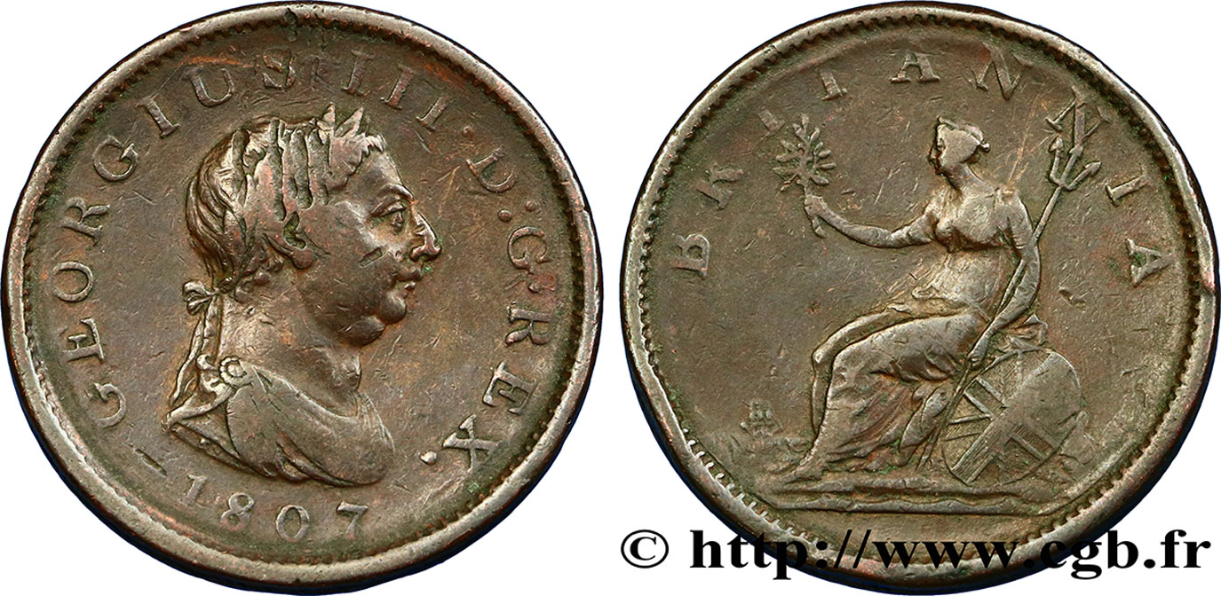 VEREINIGTEN KÖNIGREICH 1 Penny Georges III tête laurée 1807  S 