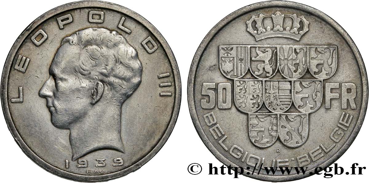 BELGIUM 50 Francs Léopold III légende Belgique-Belgie tranche position B 1939  XF 