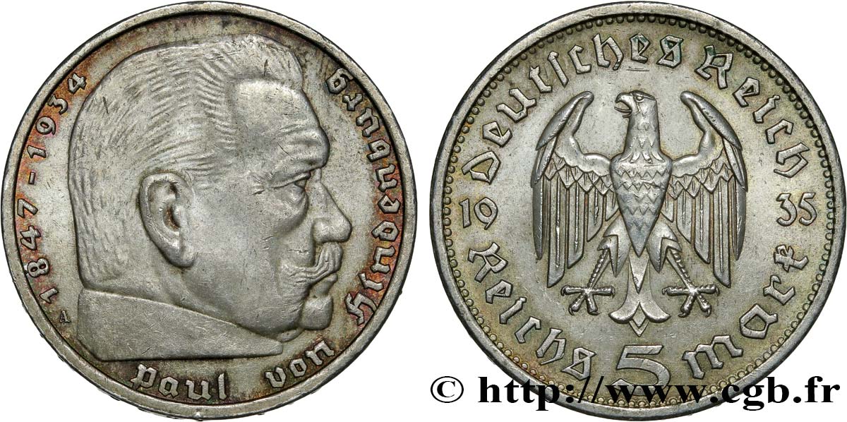 DEUTSCHLAND 5 Reichsmark Aigle / Maréchal Paul von Hindenburg 1935 Berlin VZ 
