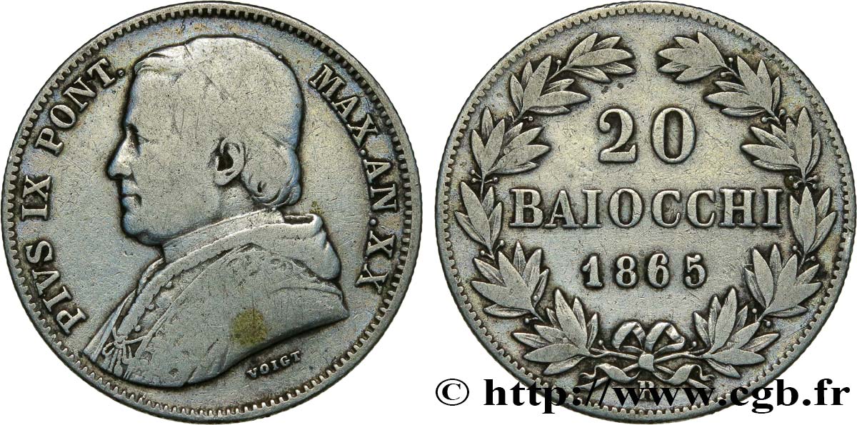 VATICAN AND PAPAL STATES 20 Baiocchi Pie IX an XX 1865 Rome VF 