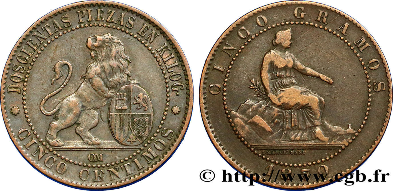 SPAIN 5 Centimos “ESPAÑA” assise / lion au bouclier 1870 Oeschger Mesdach & CO XF 