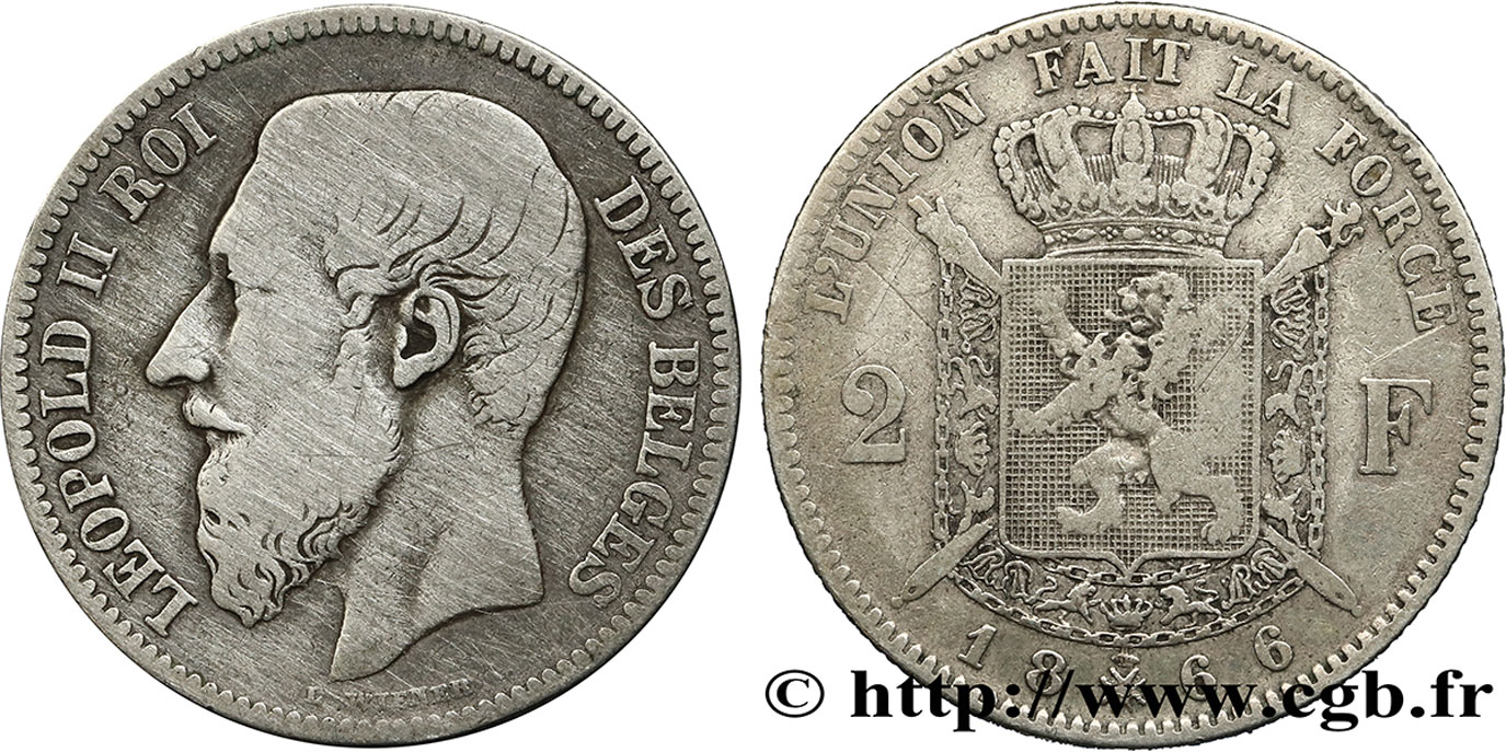 BELGIQUE 2 Francs Léopold II légende française 1866  TB 
