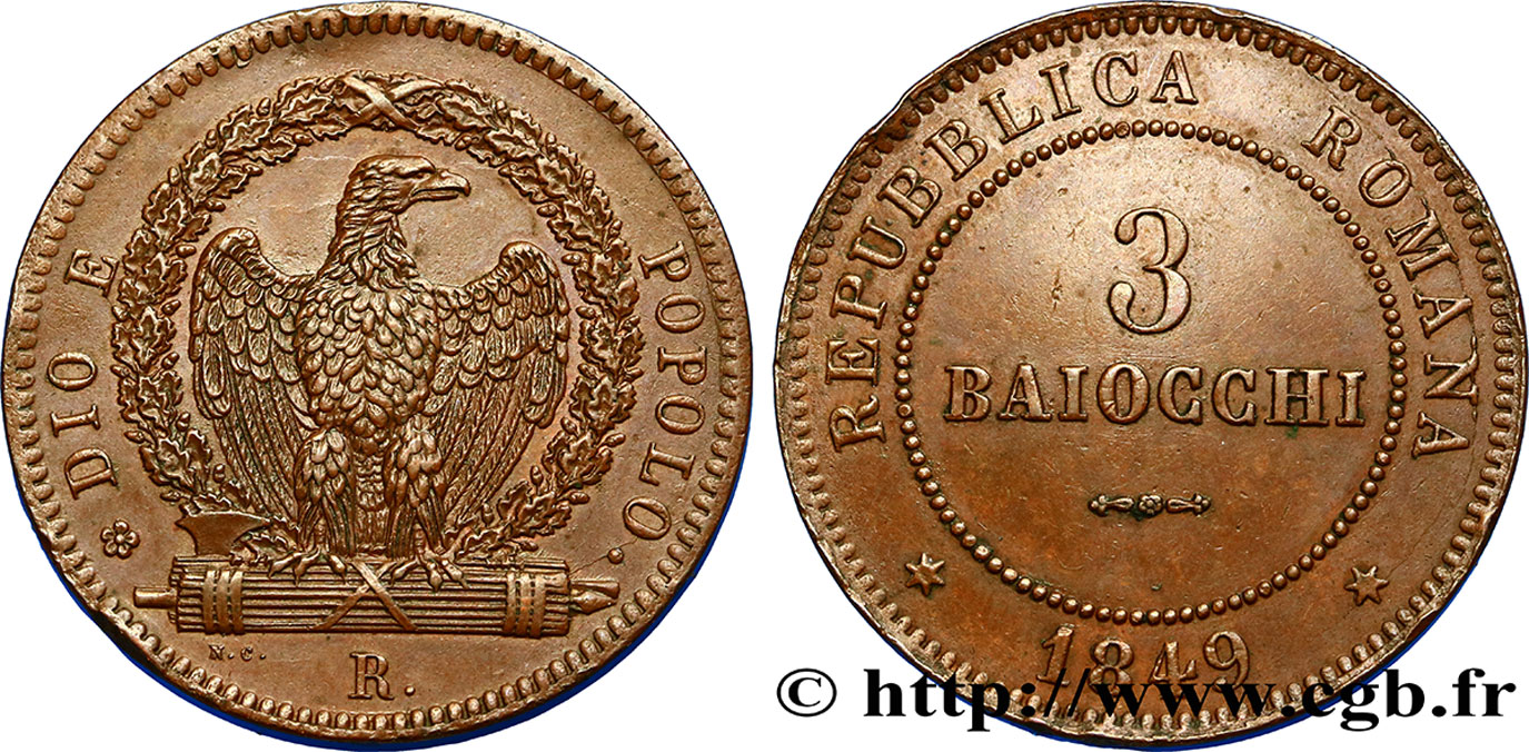 ITALIA - REPÚBLICA ROMANA 3 Baiocchi 1849 Rome EBC 