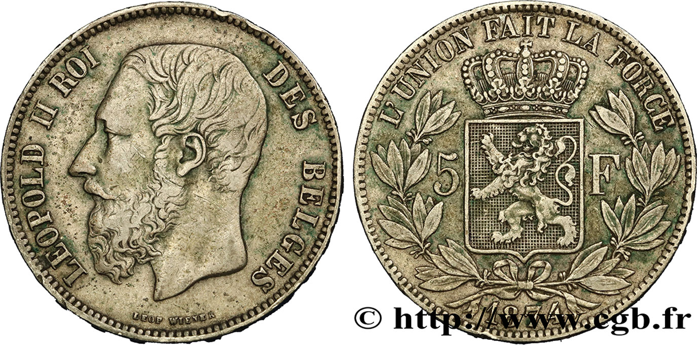 BELGIQUE 5 Francs Léopold II  1874  TTB 